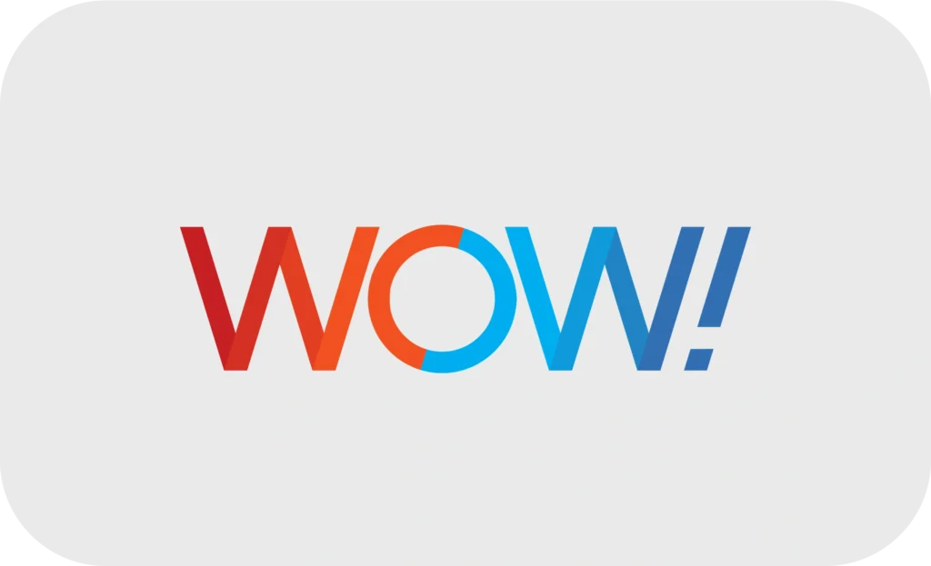 Colorful 'WOW!' graphic design on gray background.