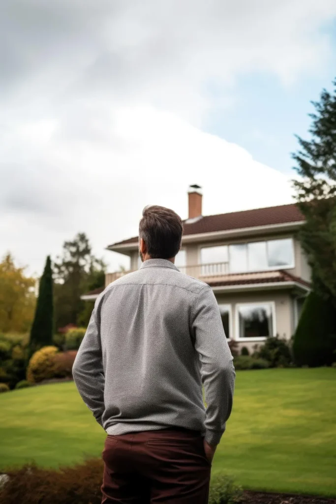 Man standing in yard facing a house.